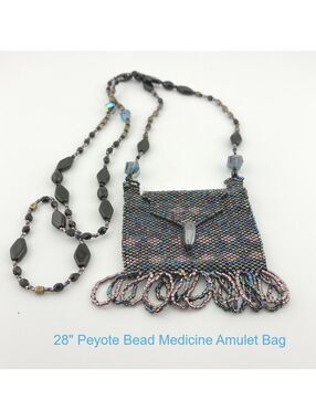 28" Peyote Bead Medicine Amulet Bag Pouch Sachet w Decorative Beaded Necklace